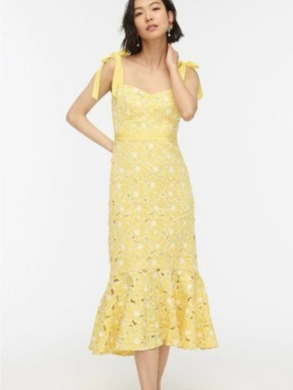J. Crew Yellow Lace Tie-Strap Midi Dress